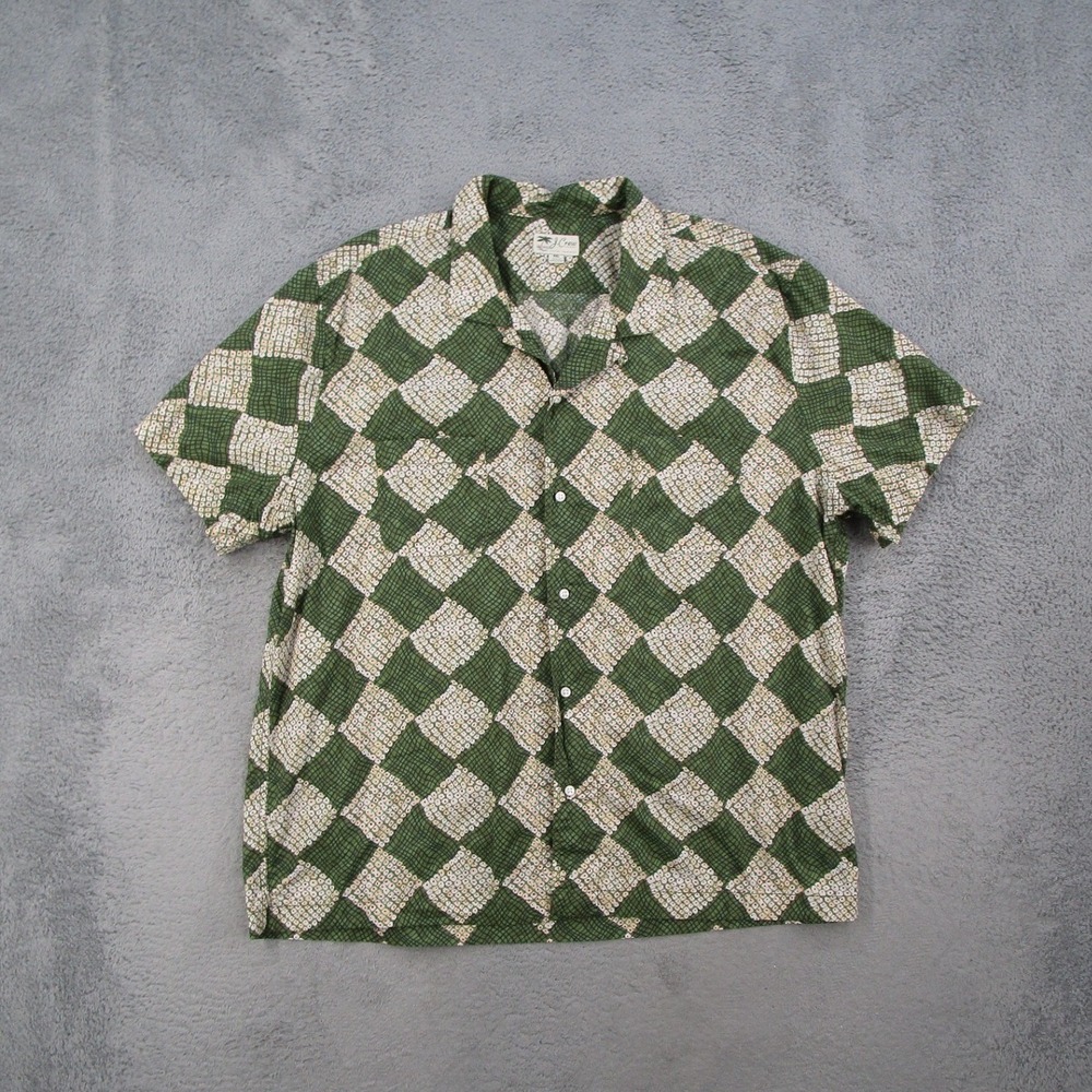 J.Crew Button Down Shirt Mens XXL Green Diamond Print Camp Loop Collar BE957